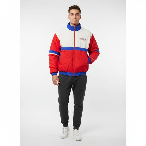 1995 Jebco NASCAR Quilted Racing Jacket Red‎ White Blue Full Zip Mens XL